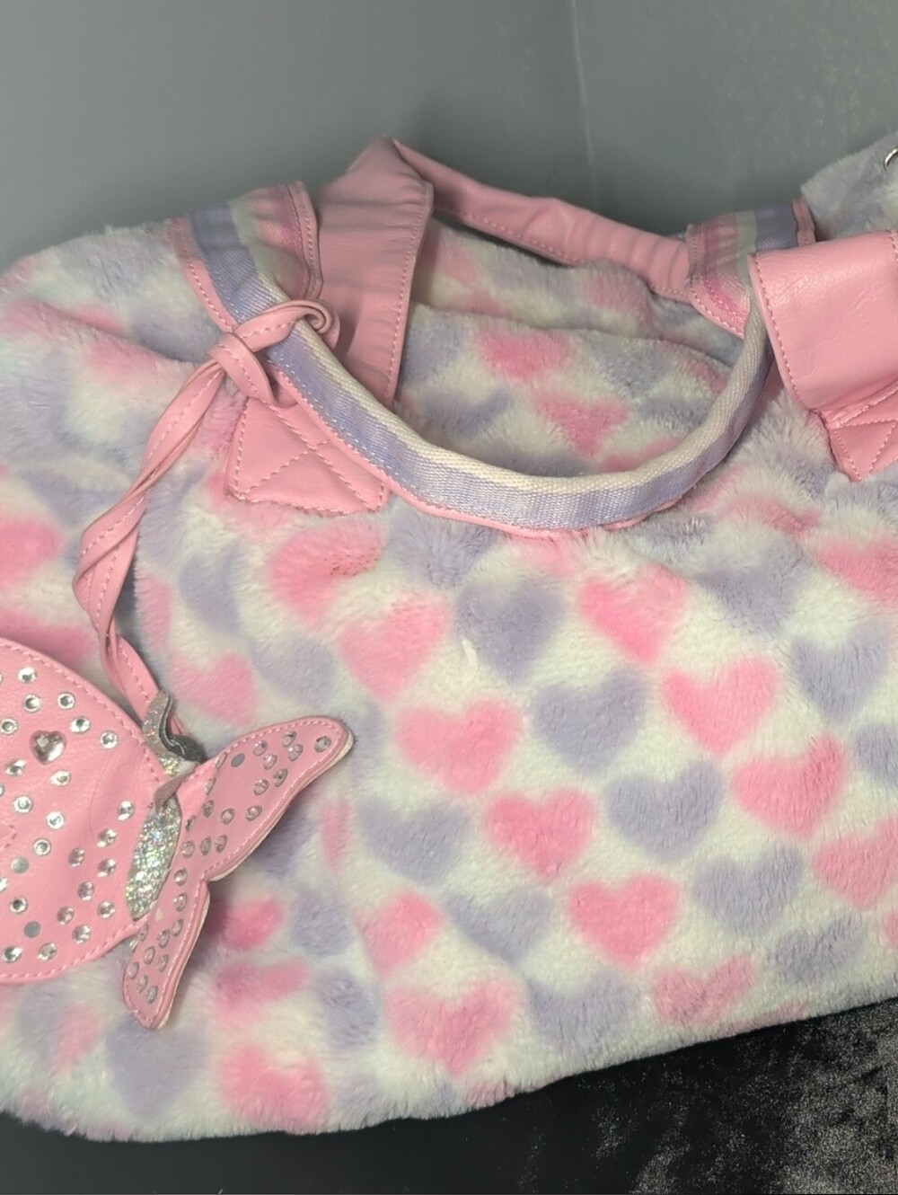 Kids Plush Heart Pattern Tote Bag with Pink Butterfly Charm